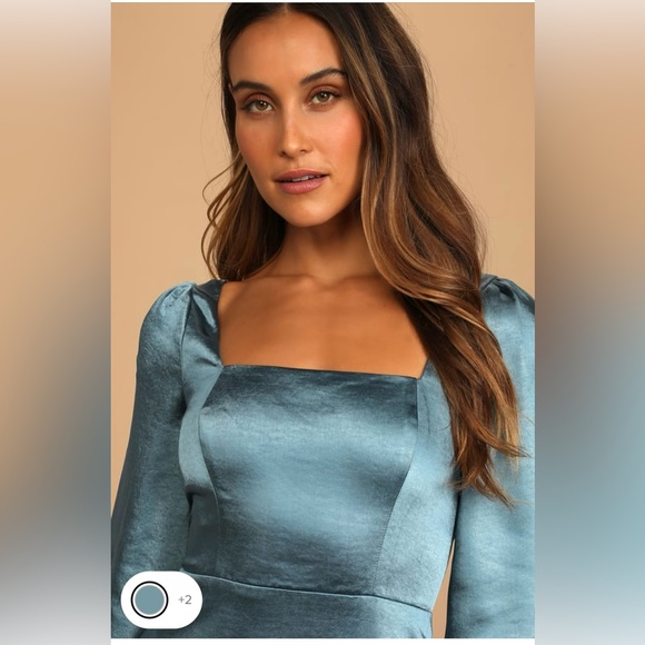 LULU’S BLUE SATIN SQUARE NECK MINI DRESS - Picture 5 of 6